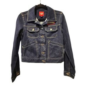 Dickies Cotton Convoy Logo Jean Jacket‎ Blue Dark Wash Distressed Juniors Small